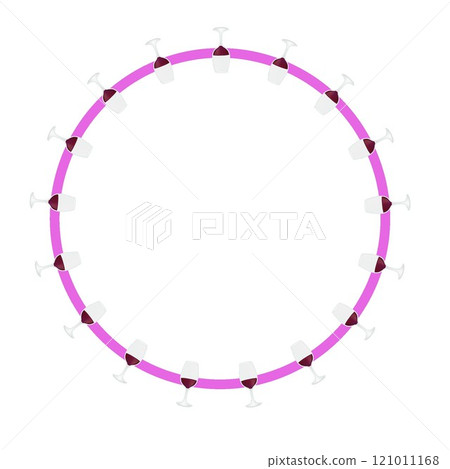 Illustration of a circular decorative frame with a glass of red wine 121011168
