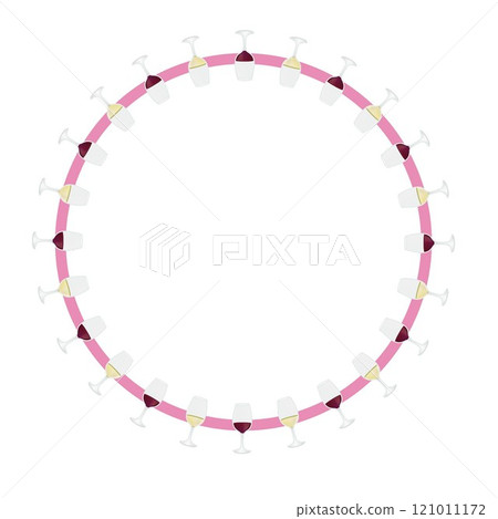 Illustration of a circular decorative frame with white and red wine glasses 121011172