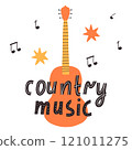 Country music concept. Lettering country music in hand drawn style with guitar. Vector illustration. 121011275