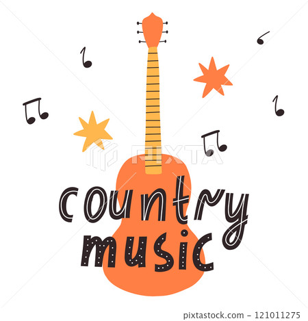 Country music concept. Lettering country music in hand drawn style with guitar. Vector illustration. 121011275