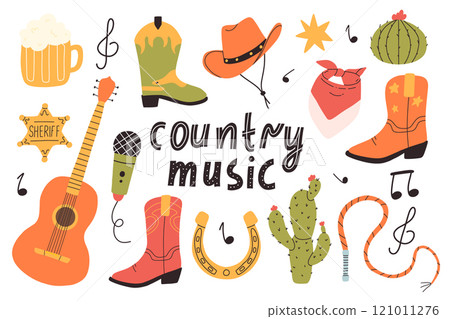 Country music concept. Lettering country music in hand drawn style with guitar. Vector illustration. 121011276