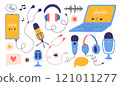 Hand drawn set of podcast elements. Collection of headphones and microphones. Vector illustration of technology for a podcast. 121011277