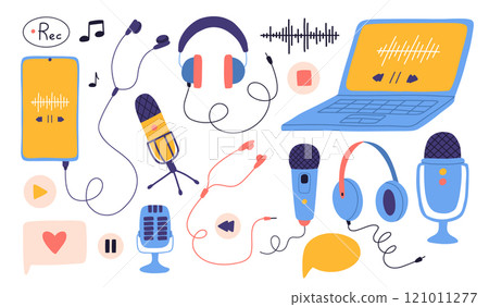 Hand drawn set of podcast elements. Collection of headphones and microphones. Vector illustration of technology for a podcast. Hand drawn set of podcast elements. Collection of headphones and microphones. Vector illustration of technology for a podcast. 121011277