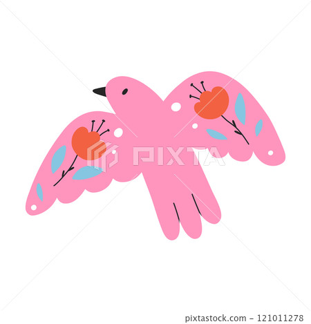 Sweet bird in folk style. Cute bird with flowers in folk style. Vector illustration. Flat style. 121011278