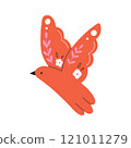 Sweet bird in folk style. Cute bird with flowers in folk style. Vector illustration. Flat style. 121011279
