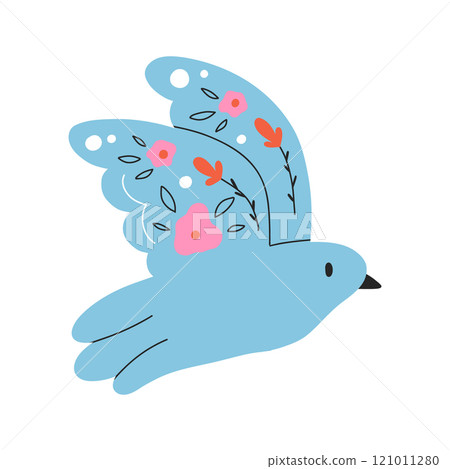 Sweet bird in folk style. Cute bird with flowers in folk style. Vector illustration. Flat style. 121011280