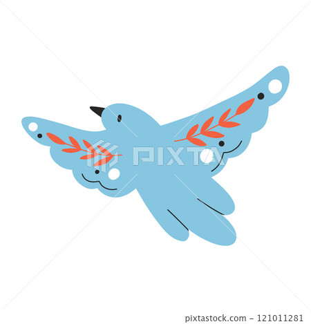 Sweet bird in folk style. Cute bird with flowers in folk style. Vector illustration. Flat style. 121011281