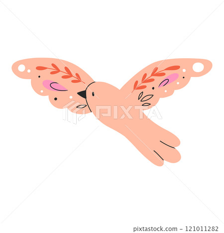 Sweet bird in folk style. Cute bird with flowers in folk style. Vector illustration. Flat style. 121011282