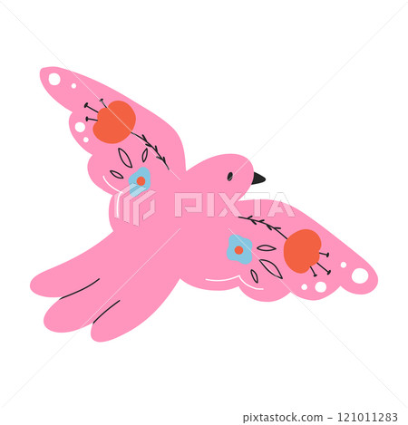 Sweet bird in folk style. Cute bird with flowers in folk style. Vector illustration. Flat style. 121011283
