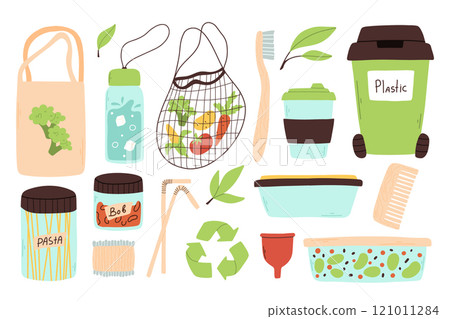 Zero waste set. Collection of environmental elements. Vector illustration.Flat style. Recyclable bio items. 121011284