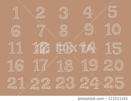 Christmas gingerbread cookie advent calendar shapes. Winter homemade traditional sweet bakery. Flat cartoon vector illustration. Christmas gingerbread cookie advent calendar shapes. Winter homemade traditional sweet bakery. Flat cartoon vector illustration. 121011291