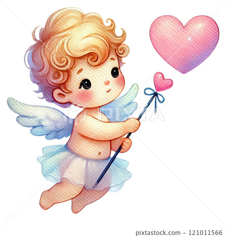 A cute cupid character holding a heart-shaped balloon. Valentine's cartoon character. 121011566