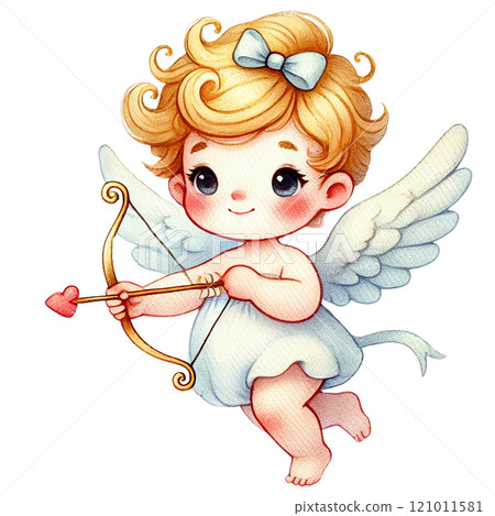 Cute angel with a bow and arrow, symbolizing love and affection. Valentine's cartoon character. Cute angel with a bow and arrow, symbolizing love and affection. Valentine's cartoon character. 121011581
