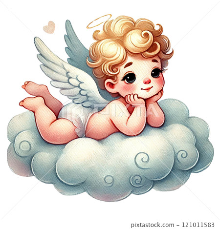 Cute angelic baby cherub resting on clouds with a dreamy expression. Valentine's cartoon character. 121011583