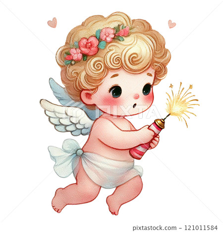 Cute angelic baby holding a sparkler in a whimsical setting. Valentine's cartoon character. 121011584