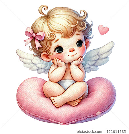 Cute angelic baby sitting on a heart-shaped cushion, adorable expression. Valentine's cartoon character. Cute angelic baby sitting on a heart-shaped cushion, adorable expression. Valentine's cartoon character. 121011585