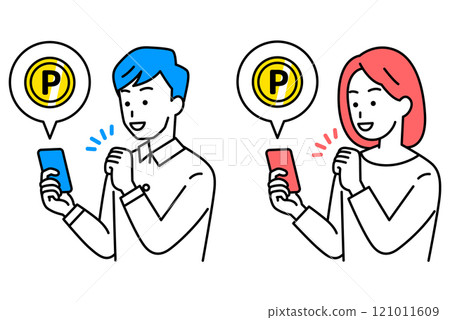 Casual men and women doing point activities with smartphones set 121011609