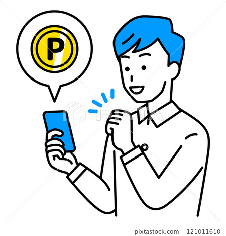Casual man using his smartphone to earn points 121011610