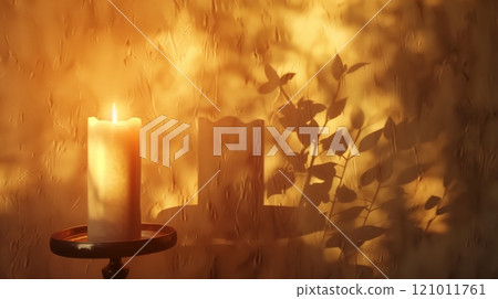 A candle-lit room with a golden glow casts intricate shadows, sparking serene contemplation and creativity. 121011761