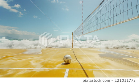 A pristine volleyball beach court with golden sands, a taut net, and centered ball awaits players. A pristine volleyball beach court with golden sands, a taut net, and centered ball awaits players. 121011772