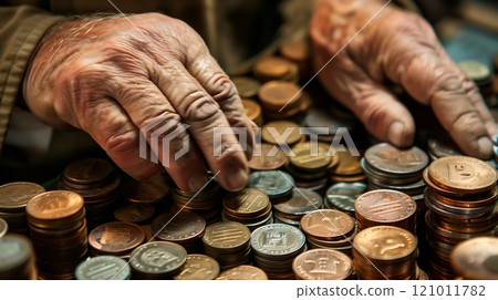 A meticulous man carefully counts and organizes stacks of coins, ensuring each piece aligns perfectly. 121011782