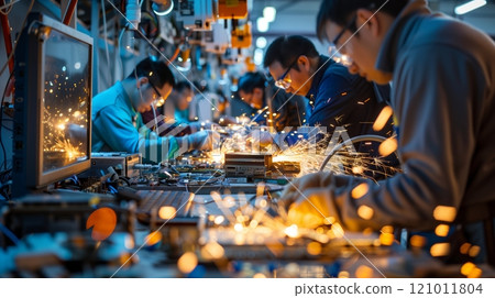Skilled technicians disassemble old computers in a bright workshop, working with precision as sparks fly. 121011804