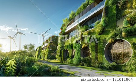 An eco-technopark with living wall buildings, harnessing wind and solar, researching bio-engineering for a greener future. 121011904