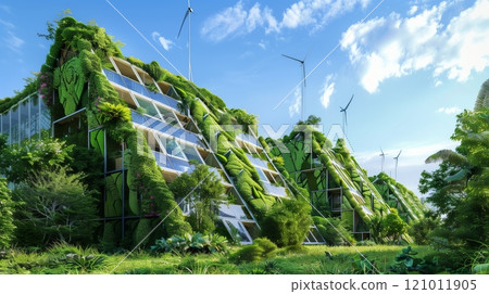 An eco-technopark with living wall buildings harnessing wind and solar energy, serving as bio-engineering hubs. 121011905
