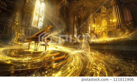 A gilded stage with spectral instruments creates swirling golden melodies, enchanting all who witness. 121011906