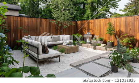 An inviting patio with elegant wood-paneled fencing, lush greenery, and comfortable seating creates a serene oasis. 121011923