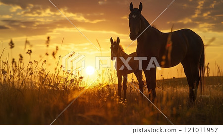 A sunset-lit meadow with a horse and foal's silhouettes creates a serene, picturesque scene. 121011957