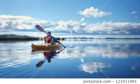 A man enjoys a peaceful kayak ride on a calm lake, promoting serenity, mindfulness, and fitness. 121011965