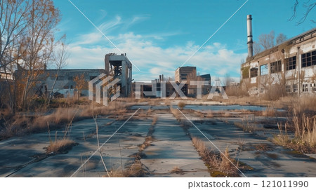 A decaying industrial park with crumbling facades stands as a silent testament to a bygone era. 121011990