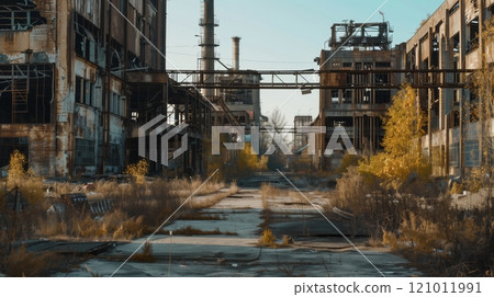 A decaying industrial park, with skeletal factories, stands in silent testament to a bygone era. 121011991