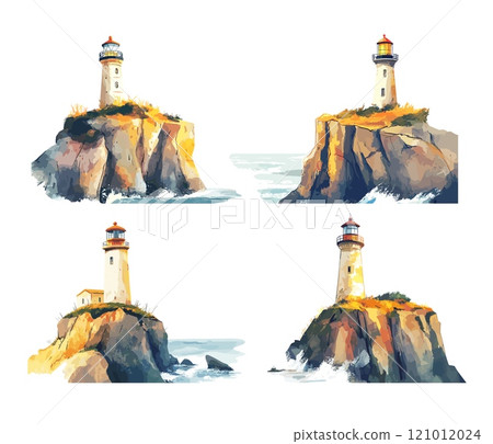 Watercolor lighthouse. Old building atop a cliff, sea lighting beacon signal standing on mountains with strongly ocean waves crashing on reefs, isolated vector illustration on white background 121012024
