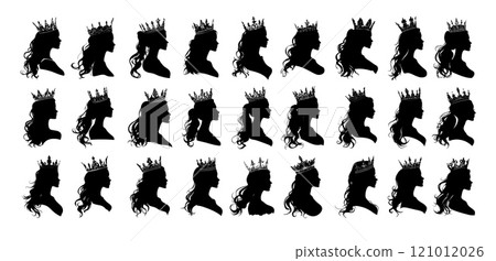 Queen avatars black silhouette. Woman profile head with crown, female royal majesty princess, isolated vectors on white background 121012026