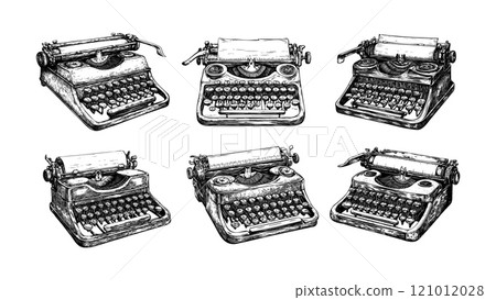Engraving writer typewriter. Retro writing device for writers journalists or secretary and poets, script literature printing mechanical typer text machine, hand drawn vintage isolated vectors 121012028