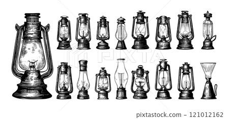 Engraving old lamps. Barn retro lightings, lantern with gas or fuel mantle, carbide and kerosene light bulbs, hand drawn isolated vectors on white background 121012162