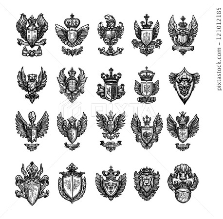 Engraving heraldic logos. Crest depicting shield lion head with crown and bird wings, royal and kings power signs, vintage hand drawn black monochrome retro icons isolated vectors Engraving heraldic logos. Crest depicting shield lion head with crown and bird wings, royal and kings power signs, vintage hand drawn black monochrome retro icons isolated vectors 121012185