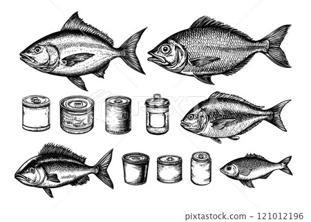 Engraving fish and canned food. Salmon and perch ocean fresh preserved meat, cookery seafood tasty nutritious eatery meal, isolated monochrome vector on white backdrop 121012196