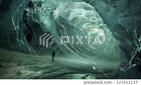 A mysterious ice cave features formations resembling intricate glass sculptures, captivating visitors. 121012237