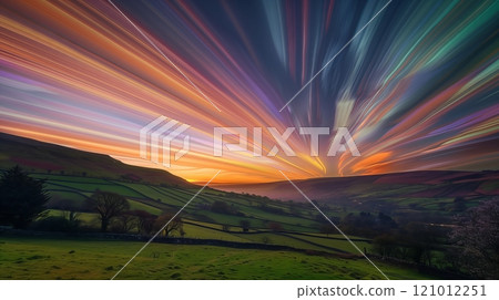 A serene valley with colorful, slow-moving lights creates a captivating, tranquil atmosphere for reflection. 121012251