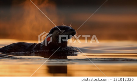 A tranquil dawn river shows an otter swimming in the current, birds overhead, and golden light across the landscape. 121012326