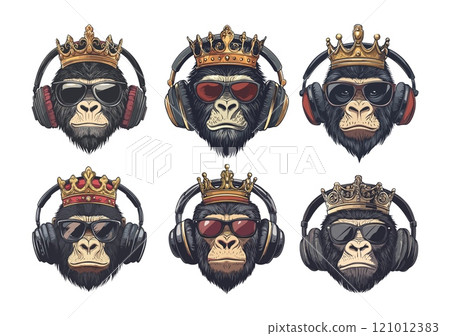 Cartoon gorilla head in crown with headphones. Ape fluffy avatar close up portrait in glasses, jungle animal king with headsets and corona isolated vector on white backdrop 121012383