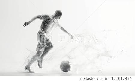 A giant soccer player in motion with a ball dominates the scene over a small stadium, capturing the sport's thrill. 121012434