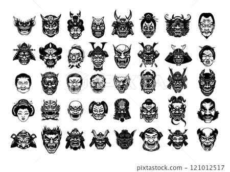 Black ink sketch japan masks. Geisha samurai warrior, evil asian demons with gods idols, tengu and monk kabuki theater faces with fangs and angry emotions isolated vectors Black ink sketch japan masks. Geisha samurai warrior, evil asian demons with gods idols, tengu and monk kabuki theater faces with fangs and angry emotions isolated vectors 121012517
