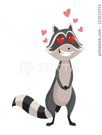 Cartoon raccoon character emotion. Funny wild coon pose, cute mammal. Vector design animal icon isolated on white background 121012553