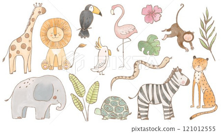 Beautiful stock illustrations set with cute lion zebra toucan elephant monkey flamingo. Safari animal clip art. Isolated naive style drawing. Childish hand drawn painting. 121012555