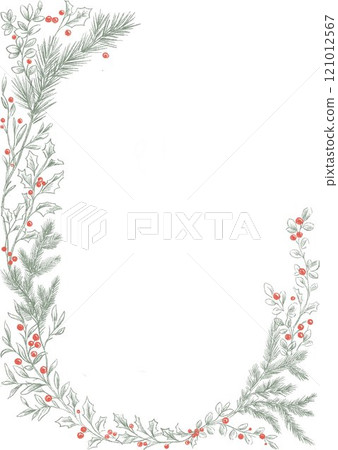 Beautiful Christmas frame in old vintage retro style. Ready to use Xmas clip art. Hand drawn new year print for invitation cards. 121012567