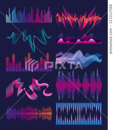 Sound waves equalizer set. Frequency audio waveform, music wave or voice graph signal in HUD style. Abstract sound wave stripe lines. Volume level symbols. Vector cartoon illustration 121012568